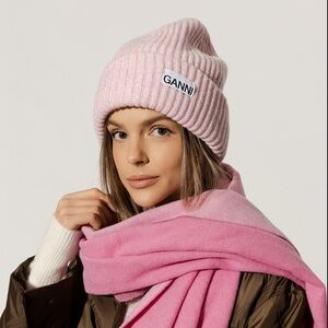 Ganni oversized wool rib knit beanie, light pink